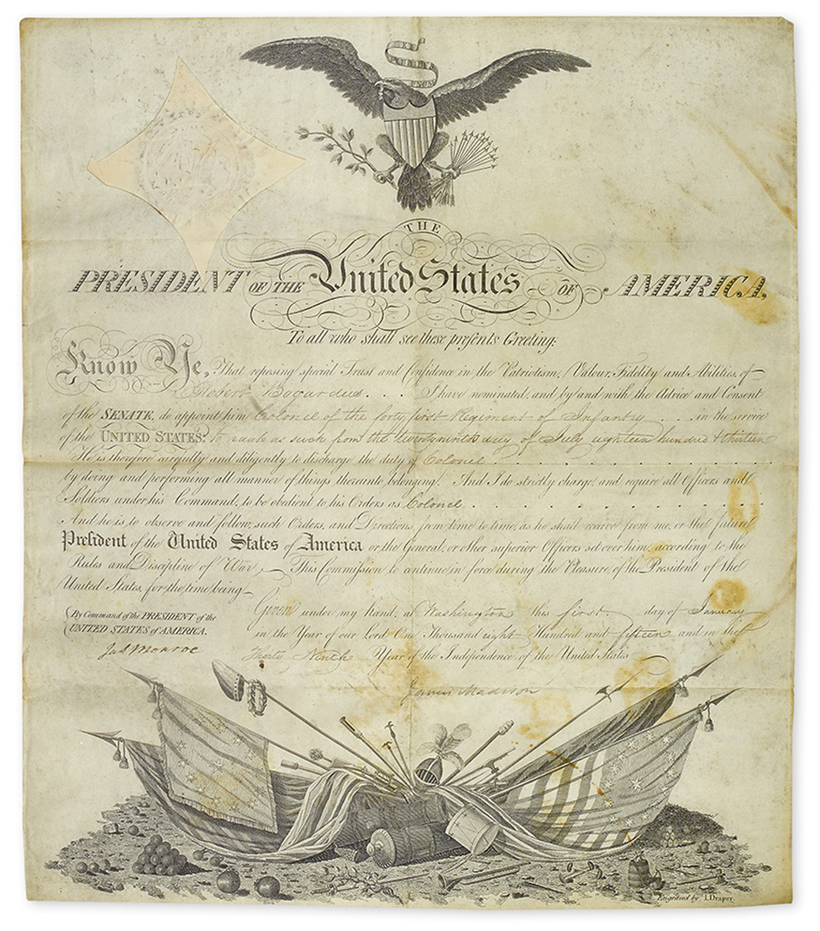 MADISON, JAMES. Partly-printed vellum Document Signed, as President,